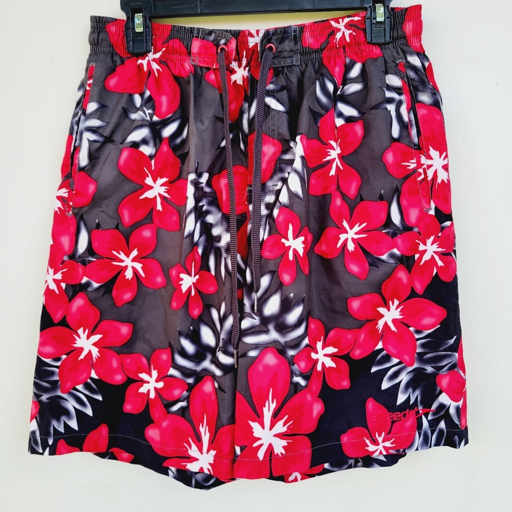 Speedo mens summer Hawaiian Swim trunks Red Floral size medium